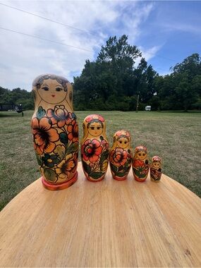 Hand-Painted Floral Set of 5 Nesting Dolls - Matryoshka- 8” tall